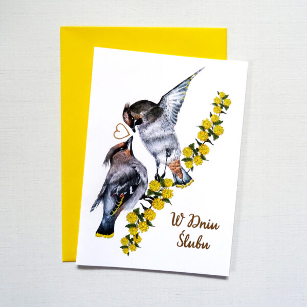 Kartka Ślubna z Ptakami, Jemiołuszki Zakochana Para