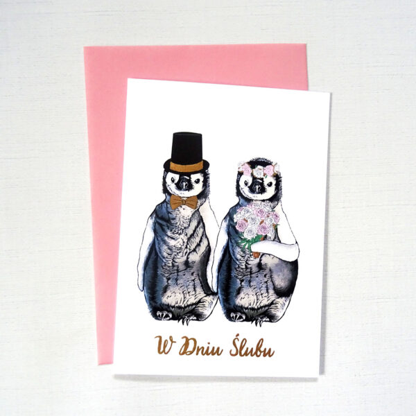 Kartka Ślubna Pingwiny Młoda Para