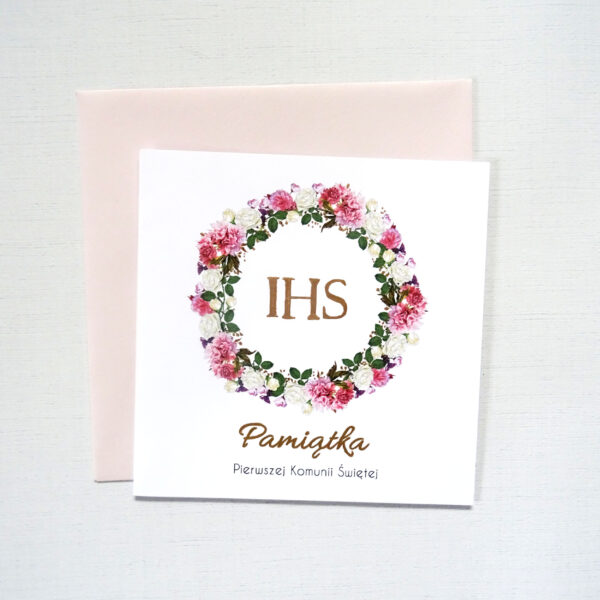 Kartka Komunijna z Różowym Wiankiem, Pamiątka Pierwszej Komunii Świętej