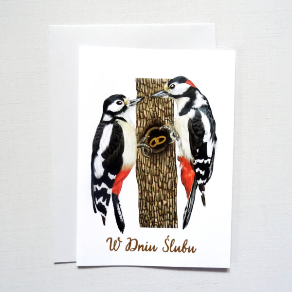 Kartka Ślubna z Ptakami, Dzięcioły Zakochana Para