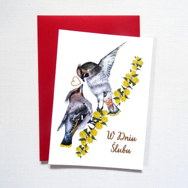 Kartka Ślubna z Ptakami, Jemiołuszki Zakochana Para