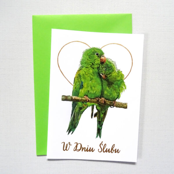 Kartka Ślubna z Ptakami, Papużki Nierozłączki Zakochana Para