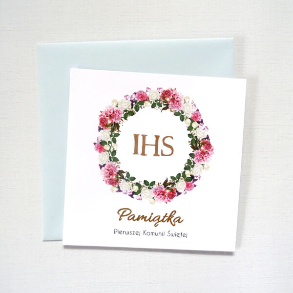 Kartka Komunijna z Różowym Wiankiem, Pamiątka Pierwszej Komunii Świętej