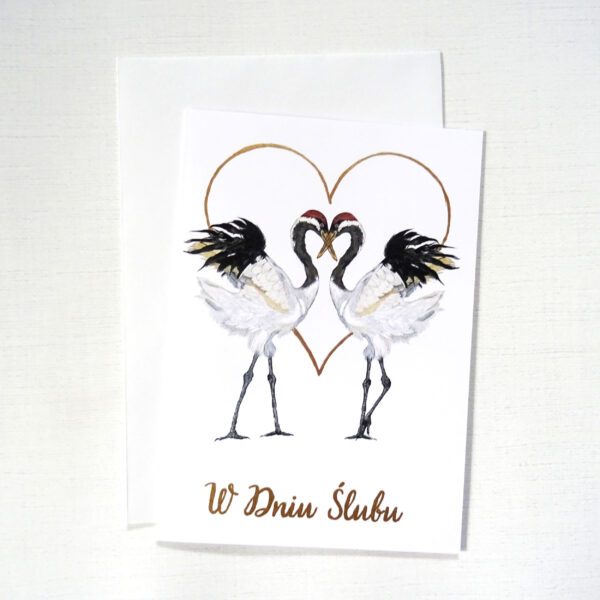 kartka ślubna z ptakami, żurawie, zakochana para