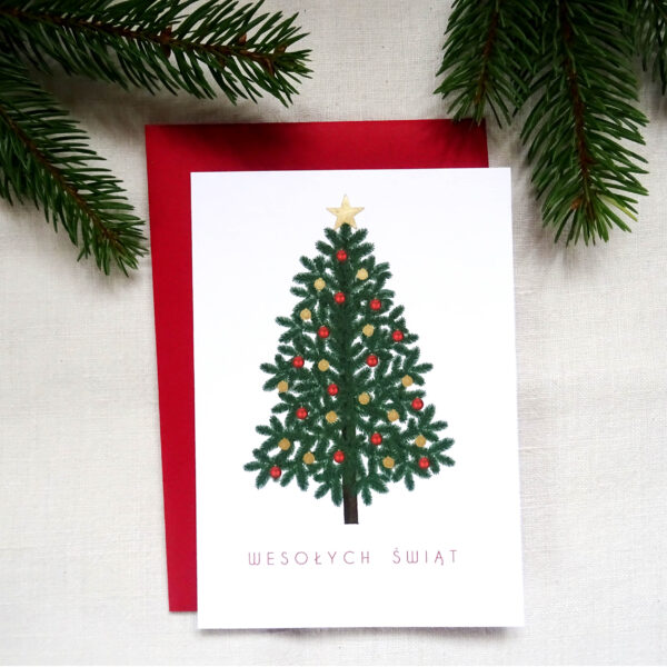 Kartka Świąteczna z Choinką, Tradycyjna Kartka na Święta, Wesołych Świąt