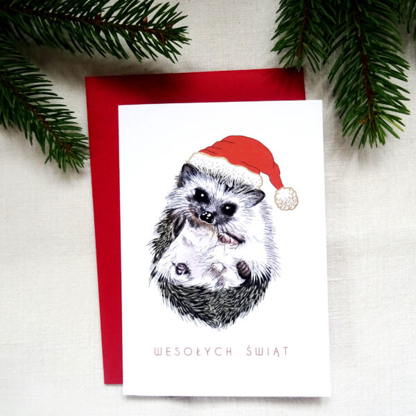 Kartka Świateczna z Jeżykiem, Urocza Kartka z Zwierzakiem, Wesołych Świąt