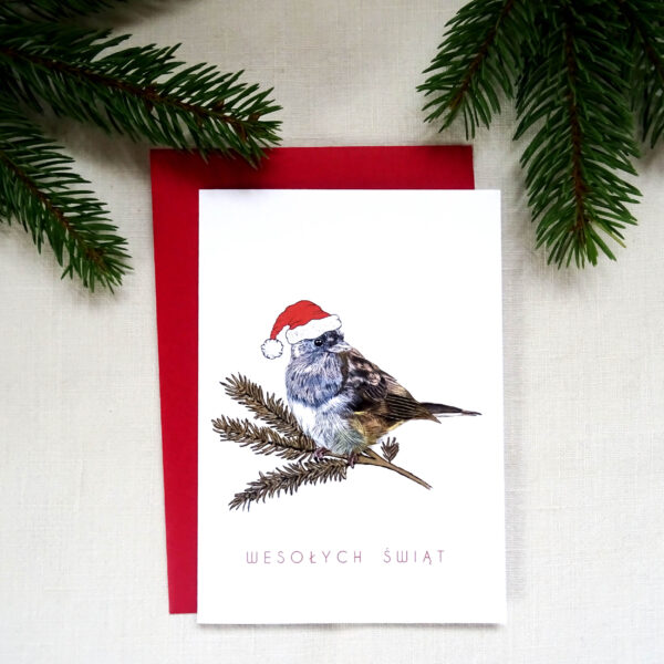Kartka Świąteczna z Junko, Kartka na Święta z Ptakiem, Wesołych Świąt