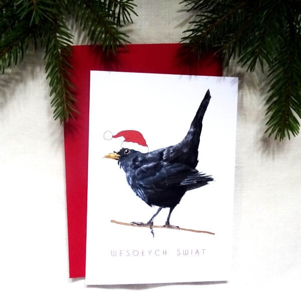 Kartka Świąteczna z Kosem, Ptaki Polski, Wesołych Świąt