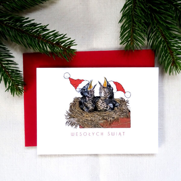 Kartka Świąteczna z dwoma Kosami, Ptaki Polski, Wesołych Świąt
