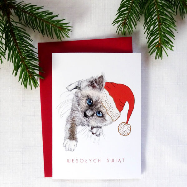 Kartka Świąteczna z Kotkiem, Urocze Zwierzątko, Wesołych Świąt