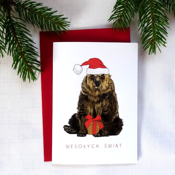Kartka Świąteczna z Misiem, Zwierzęta Leśne, Wesołych Świąt