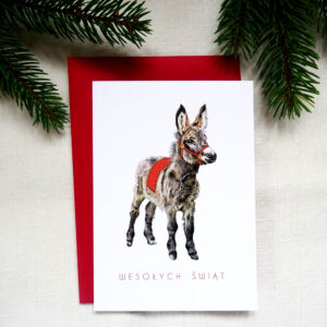 Kartka Świateczna z Osiołkiem, Tradycyjna Kartka z Zwierzakiem, Wesołych Świąt