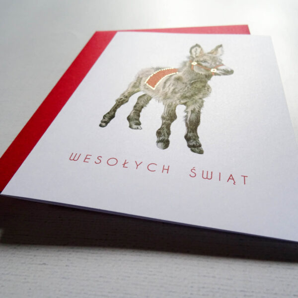 Kartka Świateczna z Osiołkiem, Tradycyjna Kartka z Zwierzakiem, Wesołych Świąt