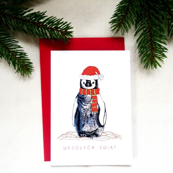 Kartka Świąteczna z Pingwinkiem, zimowy motyw, Wesołych Świąt