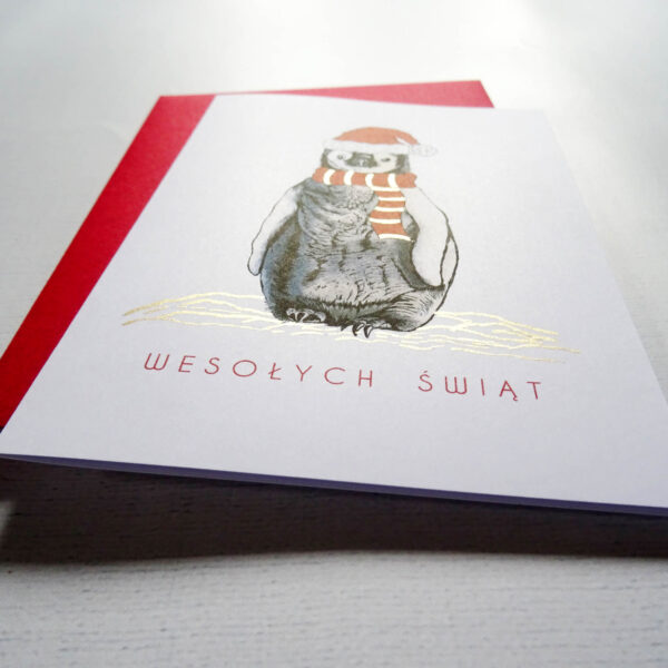 Kartka Świąteczna z Pingwinkiem, zimowy motyw, Wesołych Świąt
