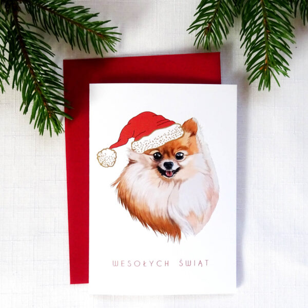 Kartka Świąteczna z Pieskiem, Uroczy Pomeranian, Wesołych Świąt
