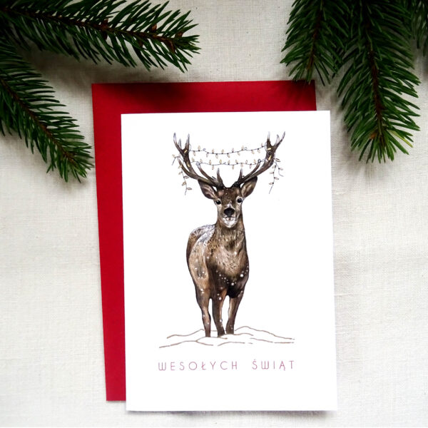 Kartka Świateczna z Reniferem, Kartka na Święta z Zwierzakiem, Wesołych Świąt