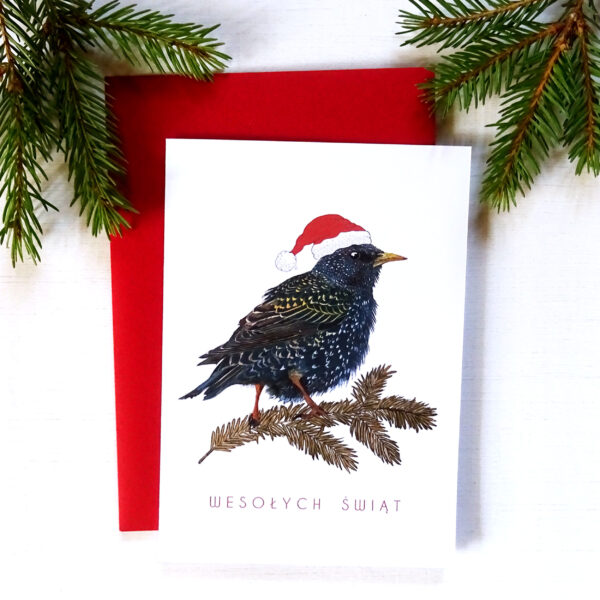 Kartka Świąteczna z Szpakiem, Ptaki Polski, Wesołych Świąt, złote detale