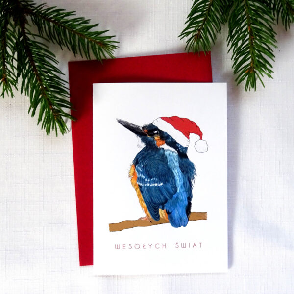 Kartka Świąteczna z Zimorodkiem, Ptaki Polski, Wesołych Świąt