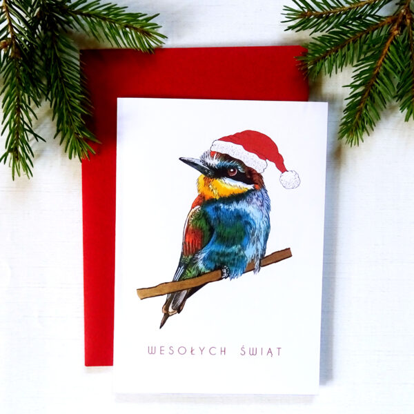 Kartka Świąteczna z Żołną w mikołajkowej czapeczce i czerwoną kopertą w komplecie.