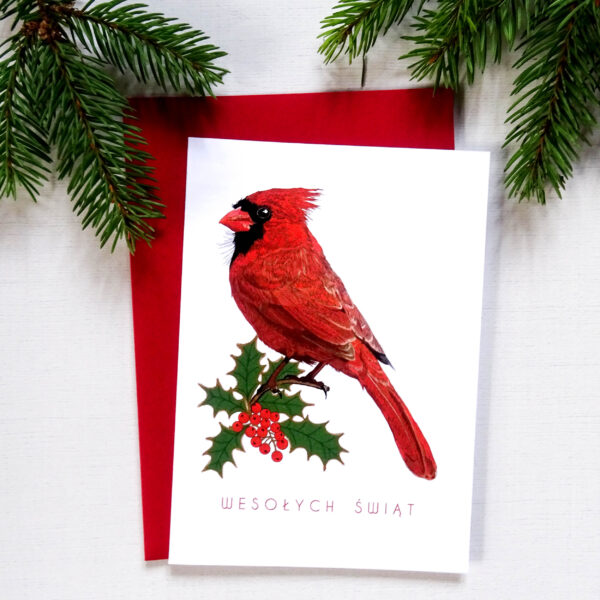 Kartka Świąteczna z Ptakiem, Kardynał Szkarłatny z Gałązką Ostrokrzewu, Wesołych Świąt