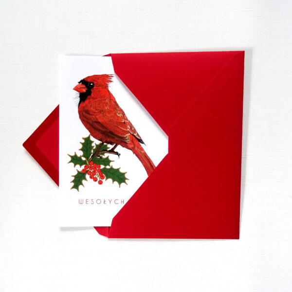 Kartka Świąteczna z Ptakiem, Kardynał Szkarłatny z Gałązką Ostrokrzewu, Wesołych Świąt
