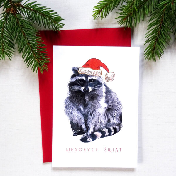 Kartka Świąteczna z Zwierzakiem, Szop Pracz w mikołajkowej czapeczce, Wesołych Świąt