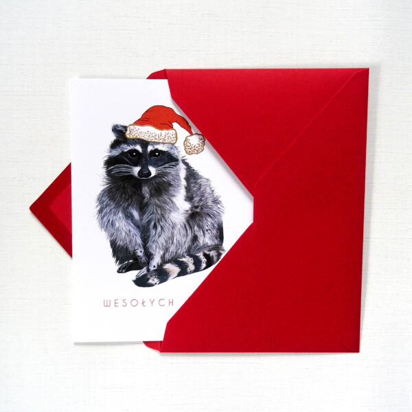 Kartka Świąteczna z Zwierzakiem, Szop Pracz w mikołajkowej czapce, Wesołych Świąt