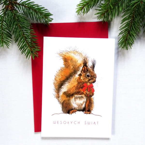 Kartka Świąteczna z Wiewiórką, Urocze Zwierzątko Leśne, Wesołych Świąt