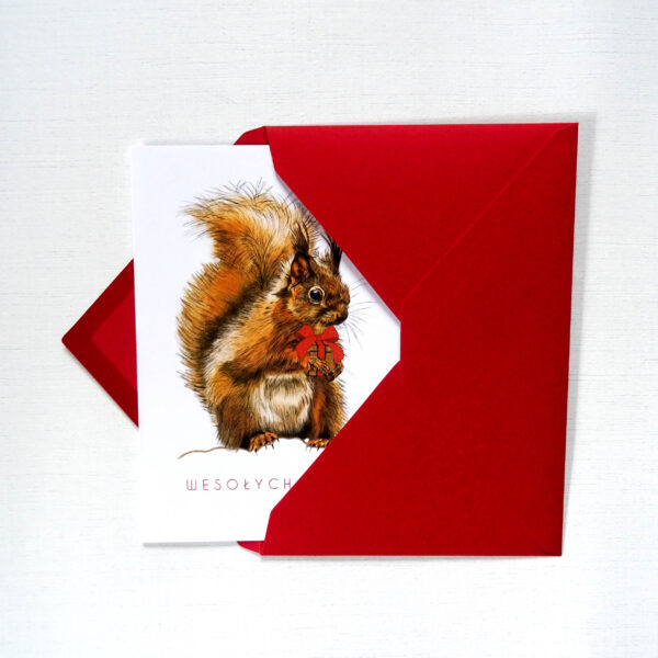 Kartka Świąteczna z Wiewiórką, Urocze Zwierzątko Leśne, Wesołych Świąt