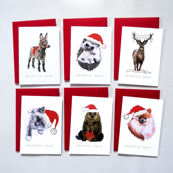 Zestaw 6 Kartek Świątecznych z Zwierzętami, Komplet Unikalnych Kartek na Święta