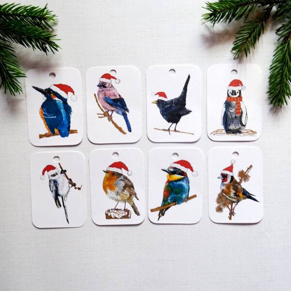 Zestaw 8 Zawieszek Świątecznych na Prezenty z PTAKAMI