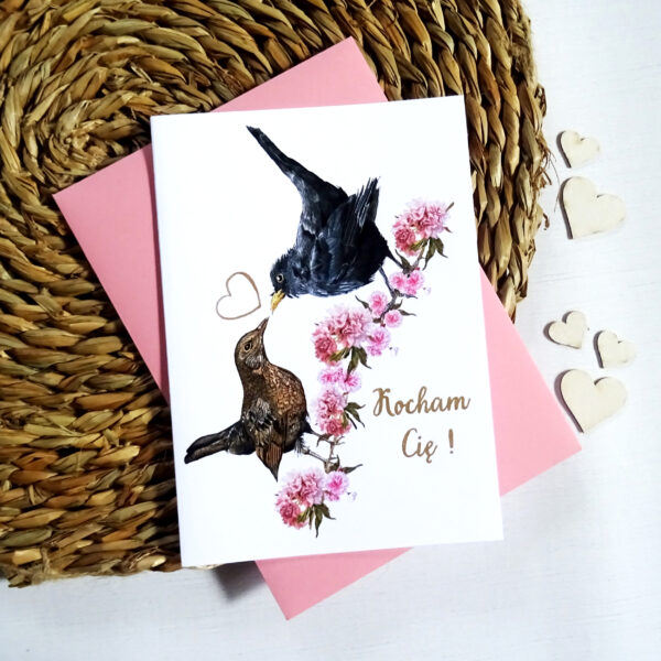 Kartka Walentynkowa z Ptakami, Kosy Zakochana Para, Personalizowana Kartka na Walentynki