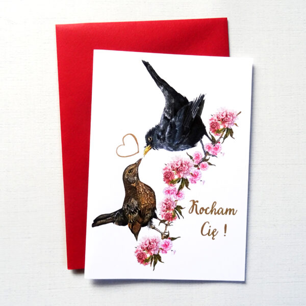 Kartka Walentynkowa z Ptakami, Kosy Zakochana Para, Personalizowana Kartka na Walentynki