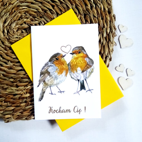 Kartka Walentynkowa z Ptakami, Rudziki Zakochana Para, Personalizowana Kartka na Walentynki
