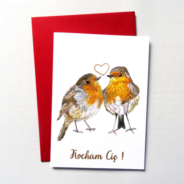 Kartka Walentynkowa z Ptakami, Rudziki Zakochana Para, Personalizowana Kartka na Walentynki