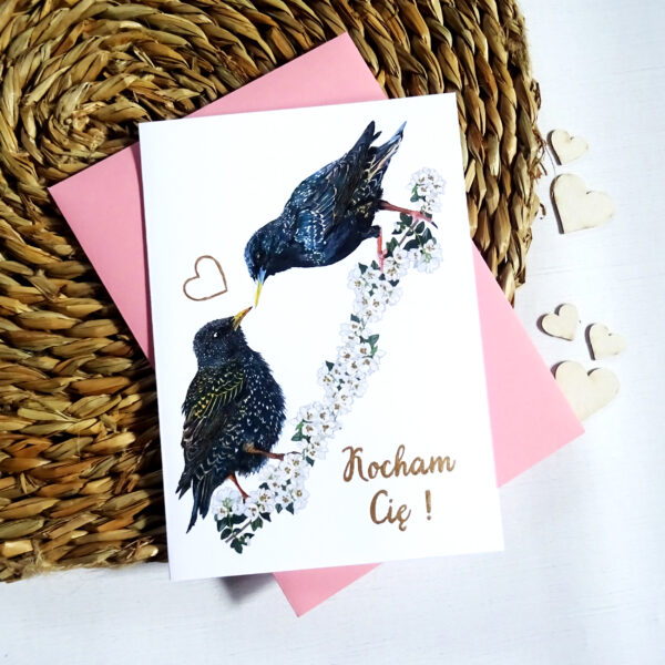 Kartka Walentynkowa z Ptakami, Szpaki Zakochana Para, Personalizowana Kartka na Walentynki