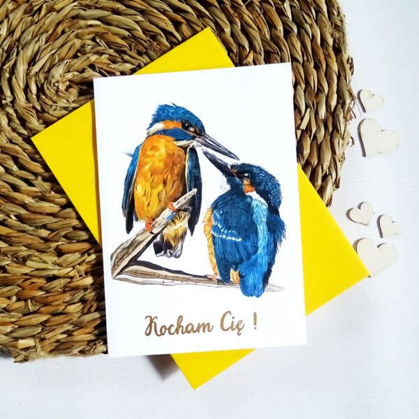 Kartka Walentynkowa z Ptakami, Zimorodki Zakochana Para, Personalizowana Kartka na Walentynki