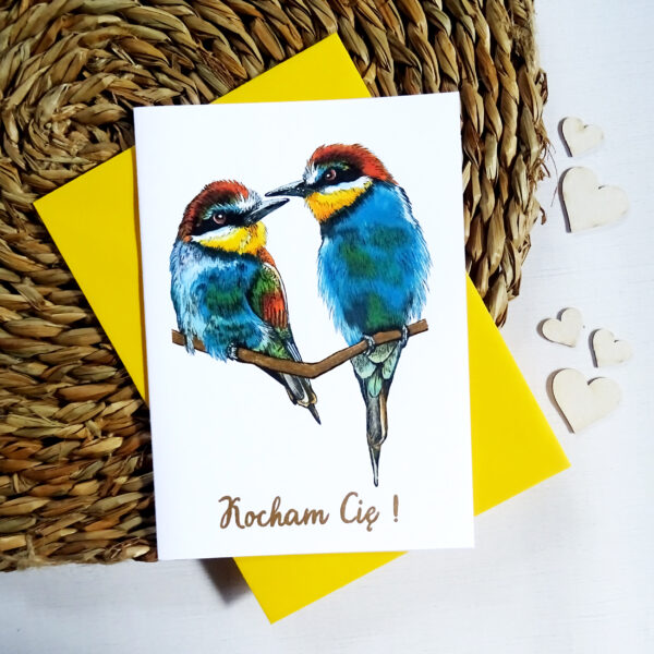 Kartka Walentynkowa z Ptakami, Żołny Zakochana Para, Personalizowana Kartka na Walentynki