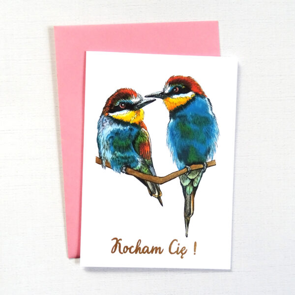 Kartka Walentynkowa z Ptakami, Żołny Zakochana Para, Personalizowana Kartka na Walentynki