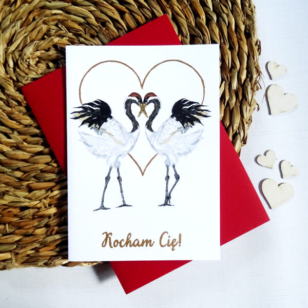 Kartka Walentynkowa z Ptakami, Żurawie Zakochana Para, Personalizowana Kartka na Walentynki