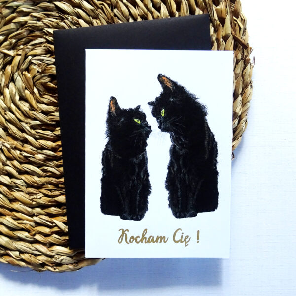 Kartka Walentynkowa z Czarnymi Kotami, Zakochana Para Kociaków, Kocham Cię