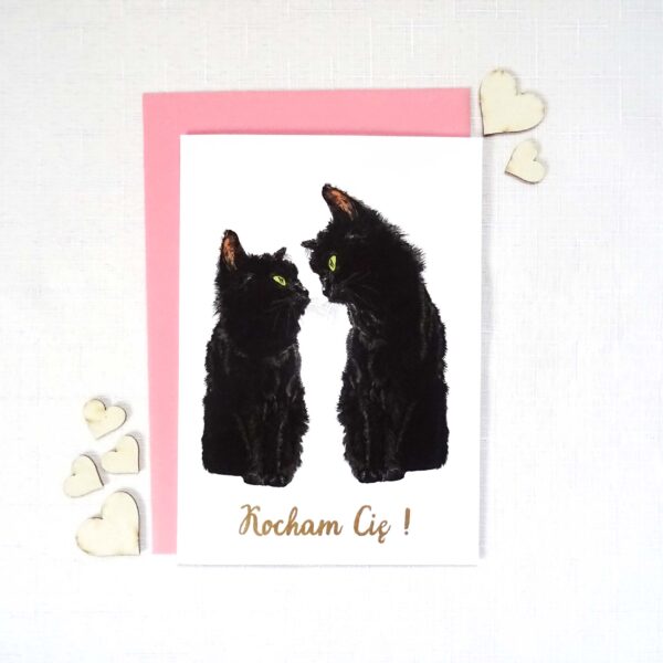 Kartka Walentynkowa z Kotkami, Czarne Koty Zakochana Para, Personalizowana Kartka na Walentynki