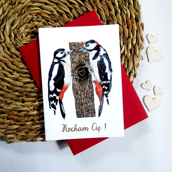 Kartka Walentynkowa z Ptakami, Dzięcioły Zakochana Para, Personalizowana Kartka na Walentynki