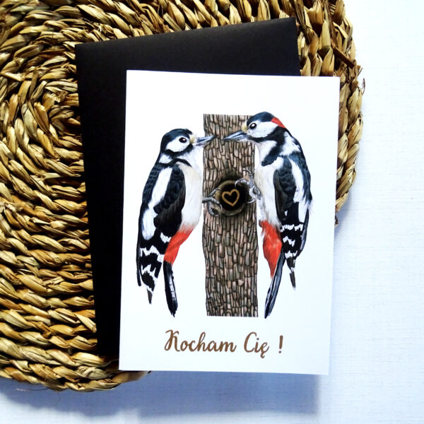 Kartka Walentynkowa z Dzięciołami, Zakochana Para Ptaków, Kocham Cię