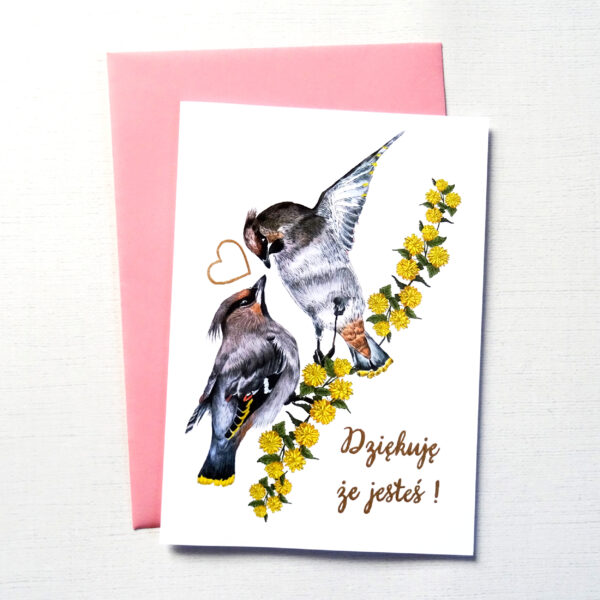 Kartka Walentynkowa z Ptakami, Jemiołuszki Zakochana Para, Personalizowana Kartka na Walentynki