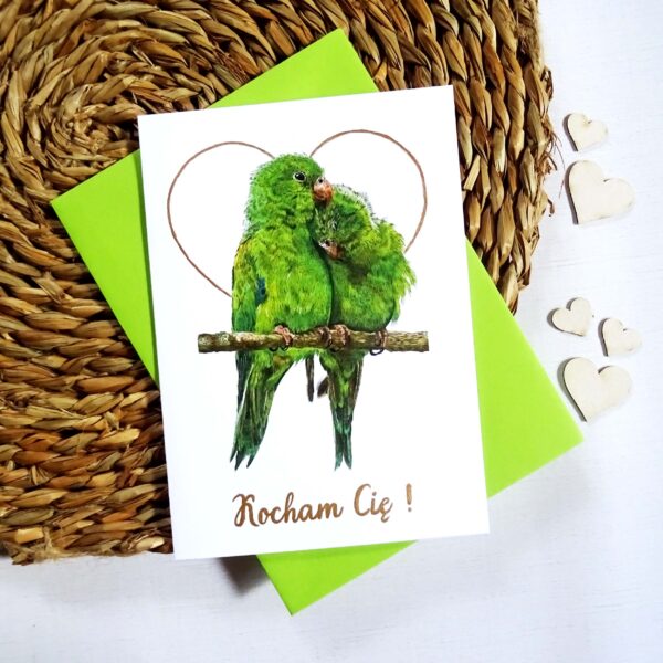 Kartka Walentynowa z Ptakami, Papużki Nierozłączki, Zakochana Para, Personalizowana Kartka na Walentynki
