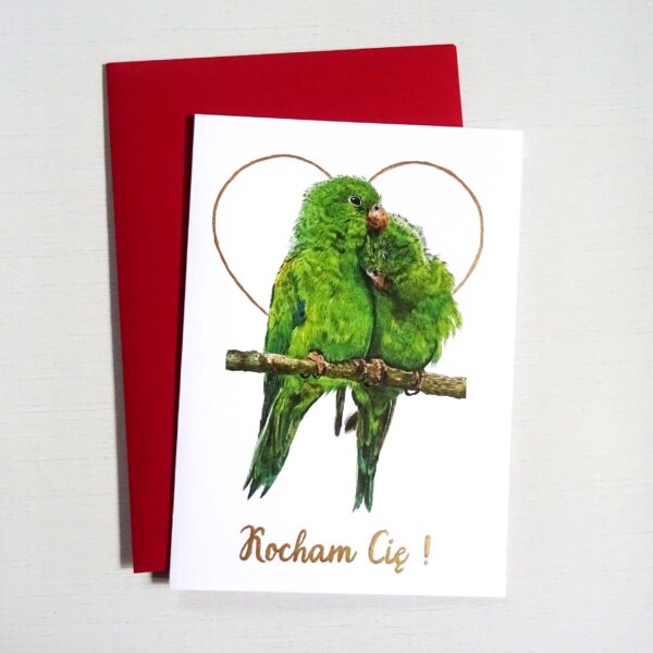 Kartka Walentynowa z Ptakami, Papużki Nierozłączki, Zakochana Para, Personalizowana Kartka na Walentynki
