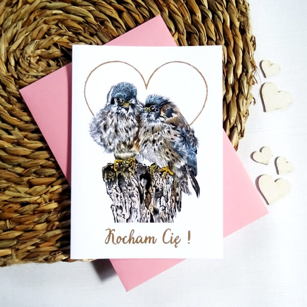 Kartka Walentynkowa z Ptakami, Pustułki Zakochana Para, Personalizowana Kartka na Walentynki