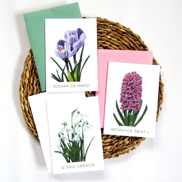 Zestaw 3 Wiosennych Kartek Okolicznościowych z Kwiatami, Uniwersalne Kartki na każdą okazję